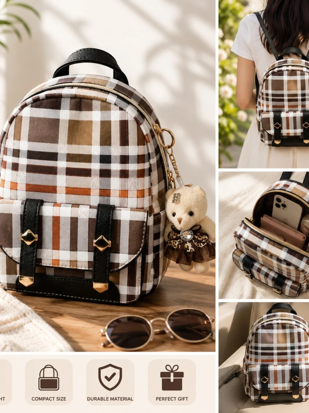 NWT Stylish Plaid Mini Backpack with Teddy Bear Keychain - Brown & White